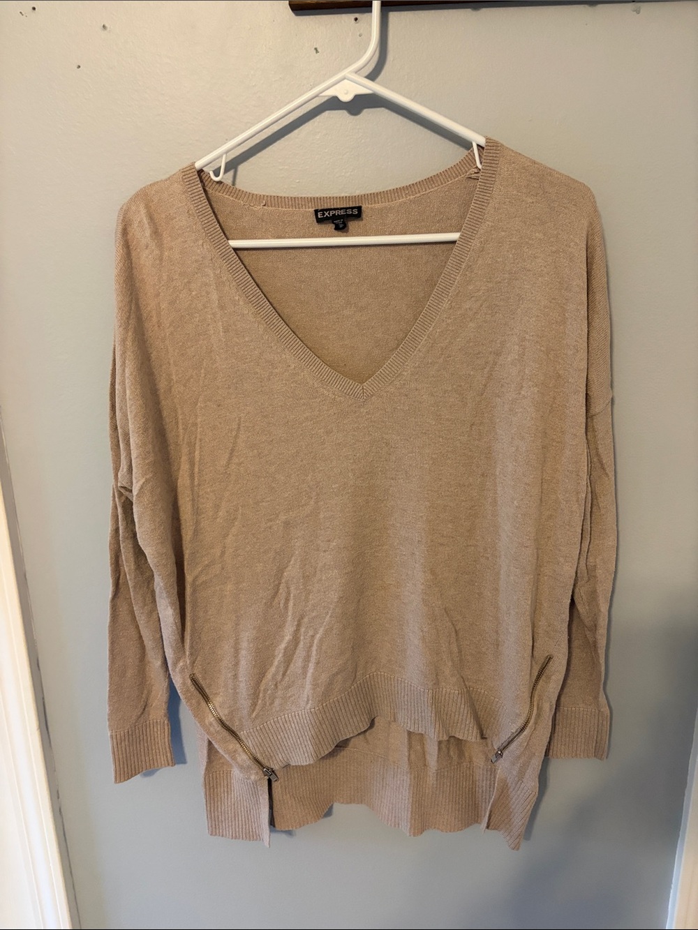 Express Beige V-Neck Sweater with Side Zippers